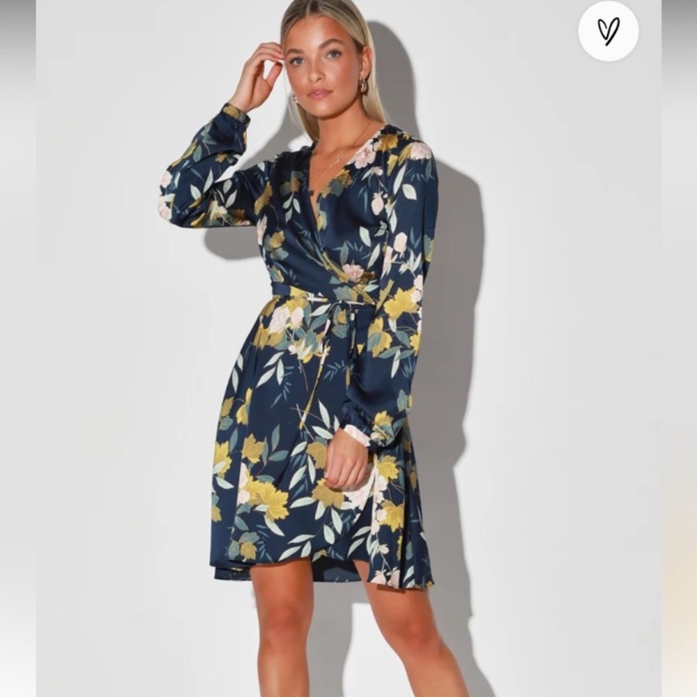 NWT Lulu's Love is Life Navy Blue Floral Print
Satin Wrap Dress
